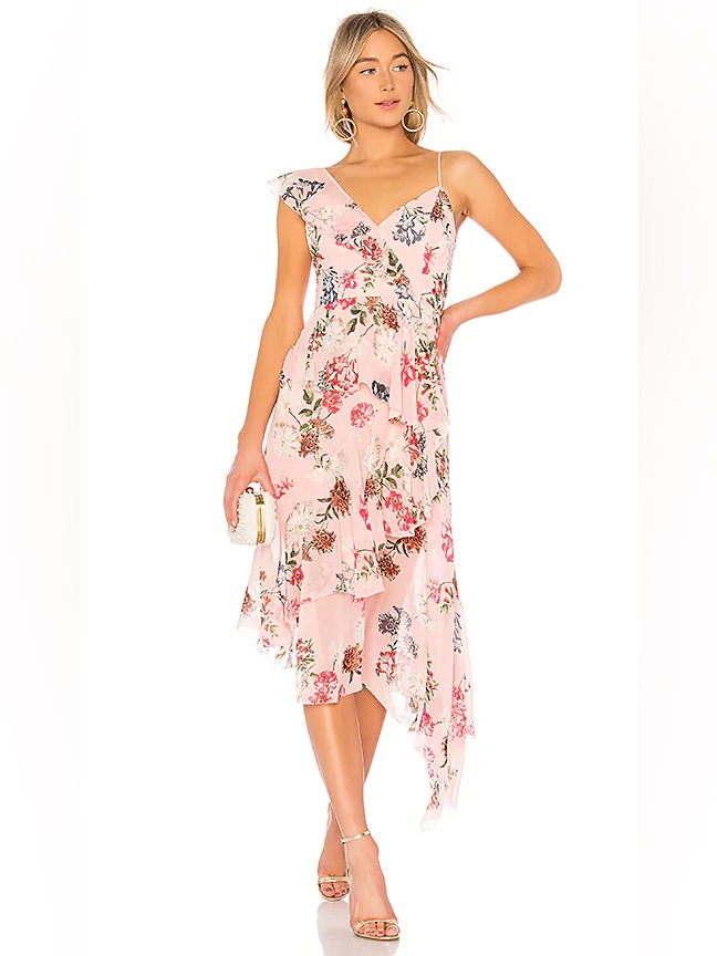 Nicholas Pink Floral Frill Ruffle Midi Dress In Lilac Size 2